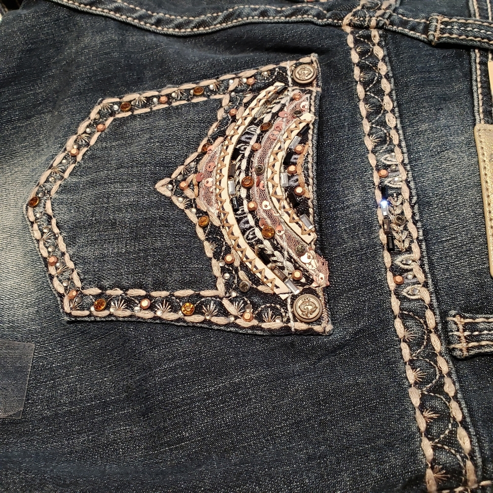 Grace In LA NEW Jeans Denim Embellished Jewel Stud Bead Mesh Slim Bootcut Womens - Picture 13 of 16